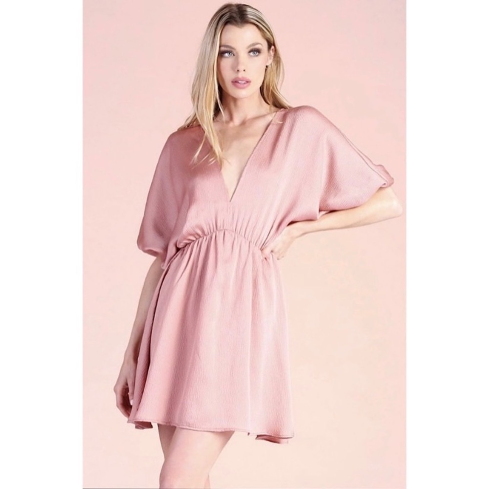 Glam Brand Hammered Satin Adjustable V Neck Dress in Baby Pink
